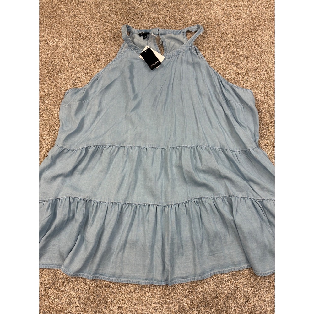 Torrid Womens 3X Tencel Halter Neck Tiered Sleeveless Top Light Wash Blue‎ #0514